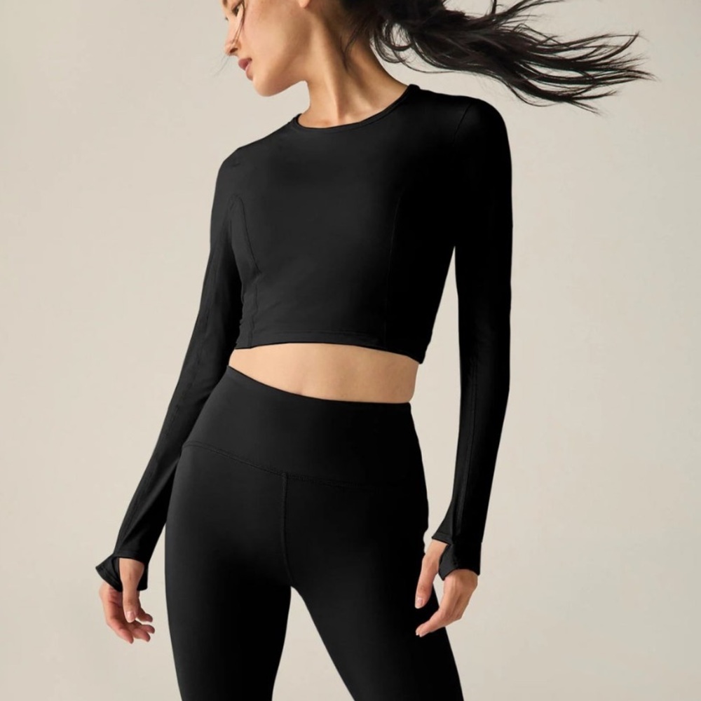 Beyond Yoga Powerbeyond Lite Air Shield Cropped Long Sleeve Top Black Large NWT
